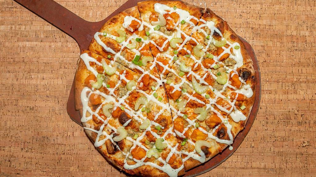 Buffalo Chicken (Large) · Buffalo chicken, mozzarella and blue cheese crumbles finished with scallions, celery, and our sour cream-ranch sauce.