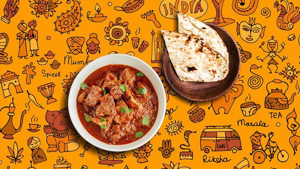 Railway Lamb Curry & Roti Tandoori · Classic brown curry cooked to perfection with tomatoes, yogurt, saffron, whole spices and succulent chunks of lamb, served with a side of our aromatic basmati rice comes with a side of whole wheat flat bread baked to perfection in an Indian clay oven