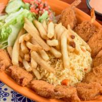 Breaded Shrimp · Served with rice, French fries and a salad.