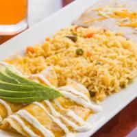 Mexican Enchiladas · Soft tortilla served with your choice of meat, topped with mild hot sauce, fried beans, chee...