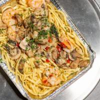 Shrimp Scampi Over Linguini · ingred: Large Shrimp, Butter, Garlic, Oil,Red Peppers, Wine & Mushrooms Over Linguine