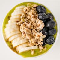 Green Bowl · Spinach and banana base with granola, blueberries, banana toppings and agave drizzle.
