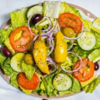 Large Garden Salad · Lettuce, tomatoes, onions, carrots, cucumbers and olives.