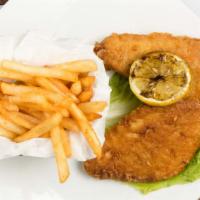 Fish & Chips · Tender beer battered cod fillets, fried golden brown and served with our brew city fries.