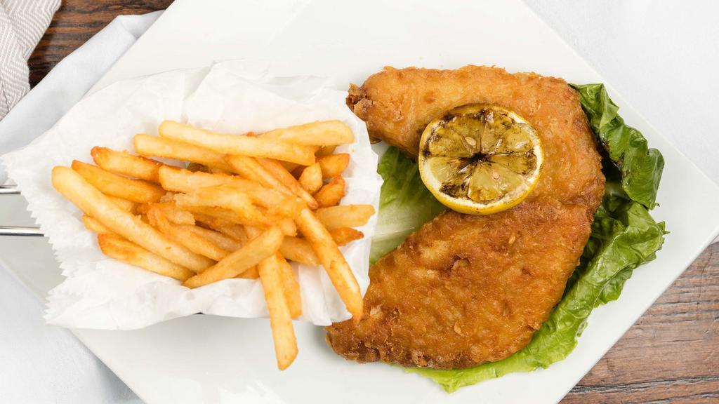 Fish & Chips · Tender beer battered cod fillets, fried golden brown and served with our brew city fries.