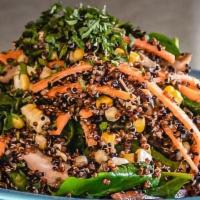 Quinoa Bowl · quinoa / rajas / grilled corn / carrots / cilantro / spinach / shitake mushrooms / cumin-gin...