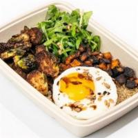 Everyday I'M Brusselin' · Roasted Brussels sprouts, sweet potato, quinoa, arugula, fried egg, sunflower seeds, Balsami...