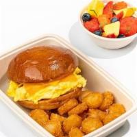 Kid'S Egg & Cheese · Scrambled Egg, American & Cheddar cheese, Fruit Cup, Hash Brown Patty