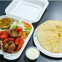 Halal Mix Kabob Platters · serve with chicken,lamb,ground beef ,fresh rice,salad,chickpeas&our secret sauce marinated a...