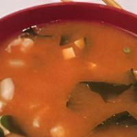 Spicy Seafood Miso Soup · Spicy soy bean soup with seafood and scallions.