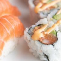 Salmon Lover · Four pieces salmon sushi with one spicy salmon avocado roll.