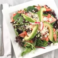 Pancho Salad With Chicken · Gluten-sensitive. Spring mix, avocados, black beans, and tomatoes topped with queso fresco.