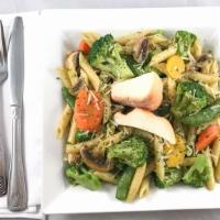 Primavera Pasta · A blend of seasonal mixed vegetables and mushrooms in a roasted garlic cilantro olive oil.