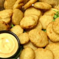 Beer Battered Pickles · Fried pickle chips served with house-made sriracha aioli