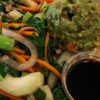 Vegetarian Rice Bowl · Seamed brown rice, guacamole, fresh vegetables