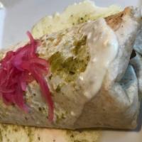 Burritos · Large burrito on flour tortilla with rice and beans lettuce sour cream cheese and chipotle m...