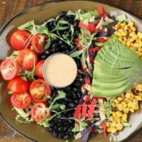 Southwest Salad (V+)(Gf) · avocado, sweet corn, cilantro, black beans, fresh squeezed lime, tomato, and crushed tortill...