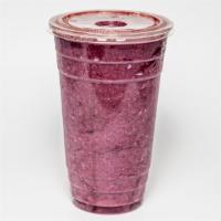 Berry Fusion · Strawberry, blueberry, fat-free frozen yogurt, cold pressed apple juice, oat milk, agave