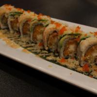 Atlantic Roll · Spicy. Spicy salmon and shrimp tempura inside topped with shrimp and avocado with spicy mayo...