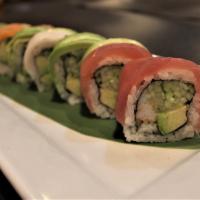 Rainbow Roll · California roll inside, topped with salmon, tuna, white fish, and avocado.