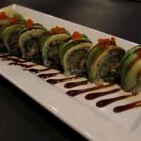 Dragon Roll · Eel, cucumber topped with avocado, and tobiko with eel sauce.