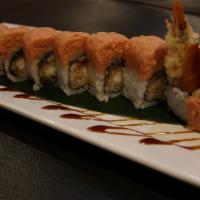 Explosion Roll · Shrimp tempura and eel inside, topped with spicy tuna.