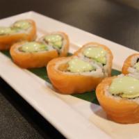 Salmon Lover Roll · spicy salmon, avocado inside topped with salmon with wasabi mayo.