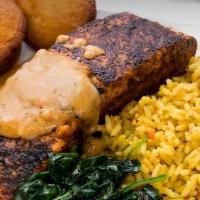 Blackened Salmon · Comes with a choice of garlic butter or lobster bisque sauce. Comes with two sides and corn ...