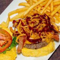Hickory Burger · Cheddar, Monterey jack cheese, bacon, BBQ sauce, and crispy fried onion straws. Served with ...