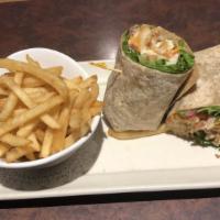 Crispy Chicken Blt Wrap · Crispy chicken, cheddar cheese, lettuce, tomato, bacon, and ranch dressing. Served with fries.