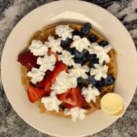 Patriot Waffle · Strawberries, bluberries and whipped cream.