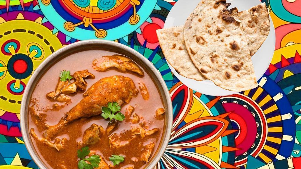 Homestyle Chicken Curry & Tandoori Roti  · Tender morsels of chicken cooked in a classic brown curry with Indian whole spices, served with a side of our aromatic basmati rice. Comes with the side of whole wheat flat bread baked to perfection in an Indian clay oven.