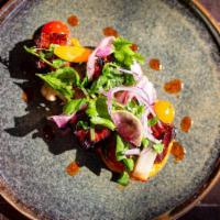 Pork Belly · chipotle glaze / peanut red pipian sauce / greens / varieties of pickled vegetable 
( contai...