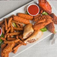 Gap Sampler · Cheesesteak spring rolls, buffalo wings, spicy green beans and chicken fingers, mozzarella s...