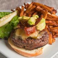 Santa Fe · Topped with jalapeño peppers, pepper jack cheese, bacon and sliced avocado, topped with salsa.