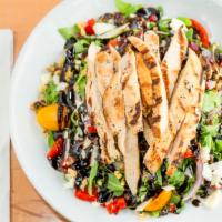 Grilled Chicken And Arugula · Grape tomatoes, roasted peppers, red onions, toasted walnuts, shaved parmesan and balsamic g...