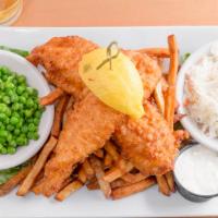 Fish 'N Chips · Ipa beer battered white fish served with hand-cut fries, green peas and cole slaw.