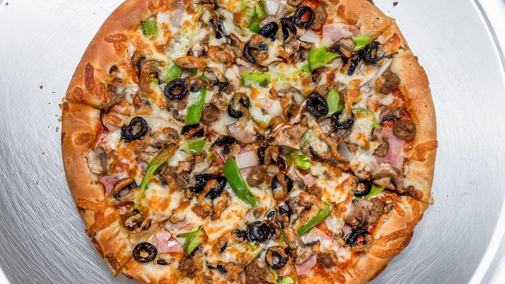 House Special Pizza · Ham, hamburger, pepperoni, sausage, onions, mushrooms, black olives, green peppers.