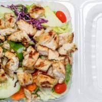 Chicken Kabob Salad · Iceberg Lettuce, Tomatoes, Cucumbers, Green Peppers, Red Peppers, Carrots, Cabbage, Grilled ...