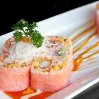 House Special Maki (10) · Spicy. Inside spicy seafood salad, avocado, shrimp tempura, outside torched tuna, salmon, 4 ...