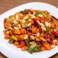 Kung Pao Chicken · Spicy. New. Diced chicken stir fried with mixed vegetable, peanut and chill peppers.