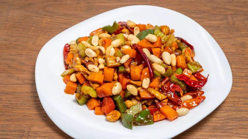 Kung Pao Chicken · Spicy. New. Diced chicken stir fried with mixed vegetable, peanut and chill peppers.