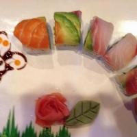 Rainbow Roll · California roll topped with tuna, salmon, red snapper and avocado.
