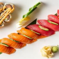 Tuna & Salmon Sushi Combo (Spicy) · 4 pieces of tuna, 4 pieces of salmon & 1 spicy tuna roll. Hot.