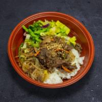 By Your Beef · Juicy beef bulgogi served with white rice, japchae noodle, and mix green salad.