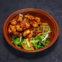 Let It Shrimp · Shrimp served with white rice, japchae noodle, and mix green salad.