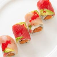 Main Line Roll · Spicy salmon and crunch inside with tuna, avocado and yellowtail on top with tobiko.
