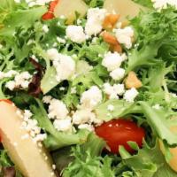 Pear Salad · Mixed baby greens, toasted walnuts, topped with poached pears & goat cheese, with a side of ...