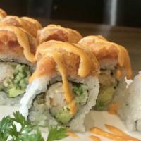 #53. Happy Hour Roll · Spicy. Shrimp tempura roll, spicy tuna top.