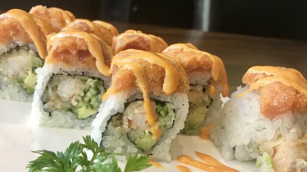#53. Happy Hour Roll · Spicy. Shrimp tempura roll, spicy tuna top.